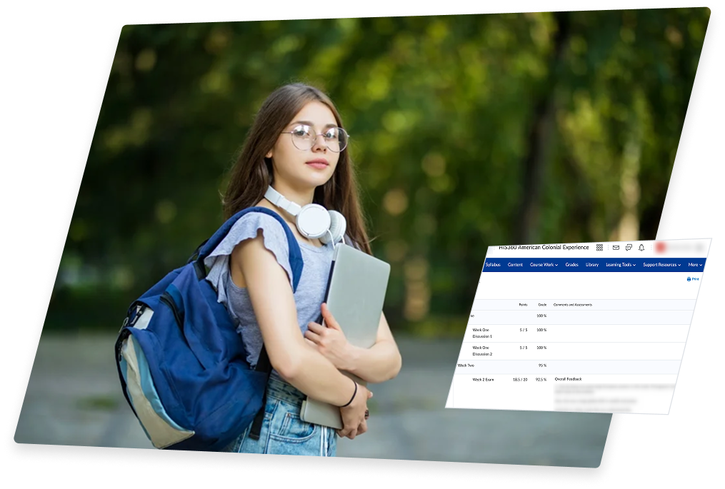 Student with backpack holding a laptop, with course gradebook overlay