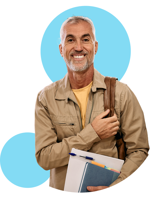 Smiling academic advisor holding books and a notebook