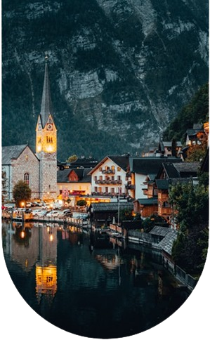 Lakeside village at dusk
