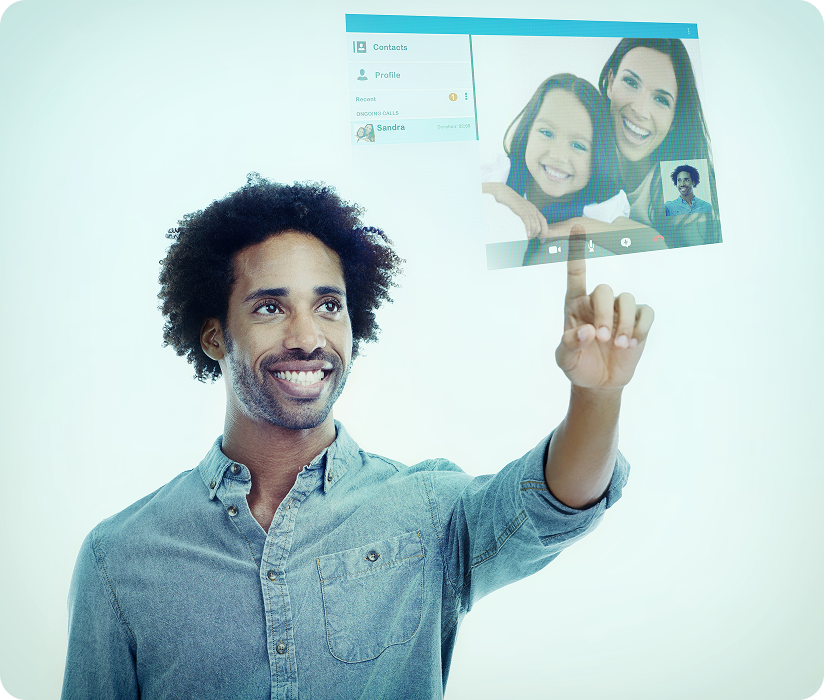 Man tapping a floating video-call interface